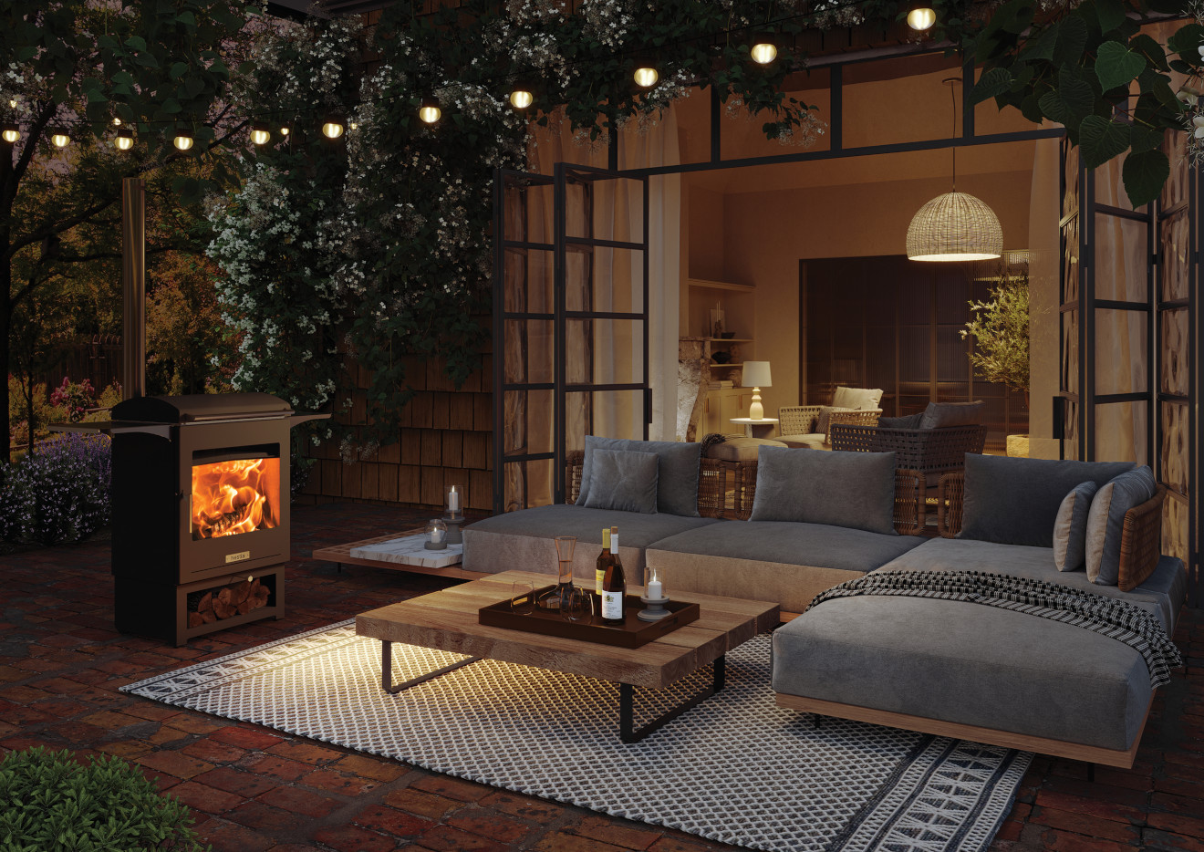 A luxury outdoor wood burner and stove in a scenic patio setting